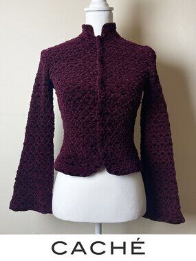 Caché Vintage Burgundy Knit Jacket | Bell Sleeve | Mock Neck | Size 0 | EUC